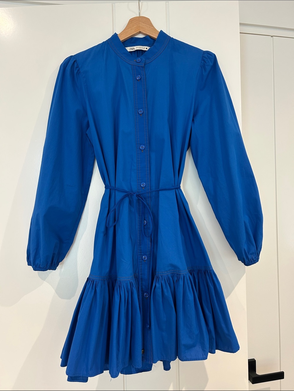 Zara Cobalt Blue Button-Front Tie-Waist Dress